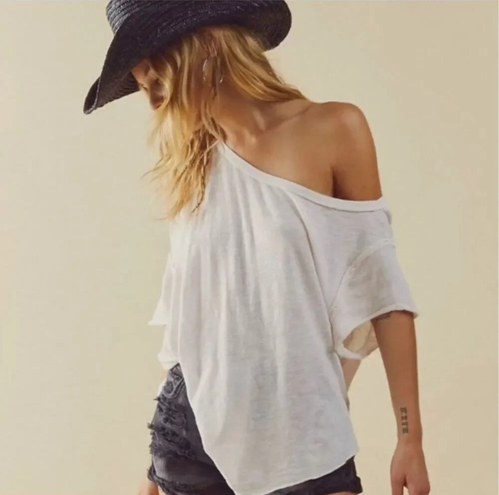 Free People White One-Shoulder Slouchy Short Sleeve Tee